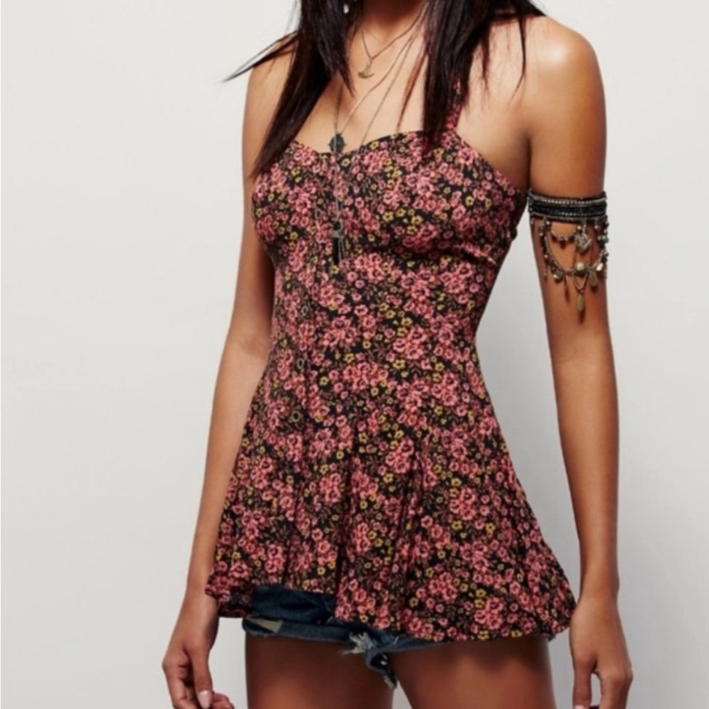 Free People Jenna's Bustier Babydoll Tank floral button front medium pink
